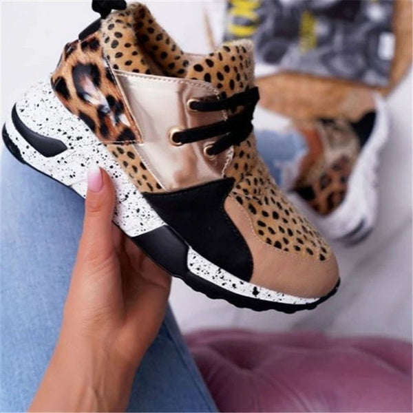 Leopard color matching lace up casual sports shoes