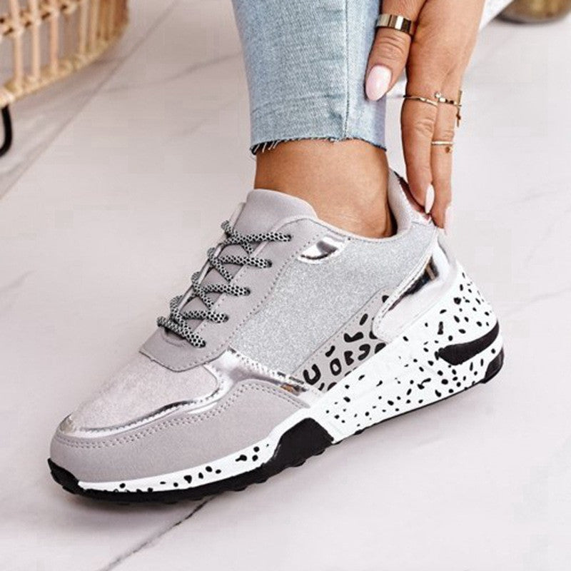 Leopard color matching lace up casual sports shoes