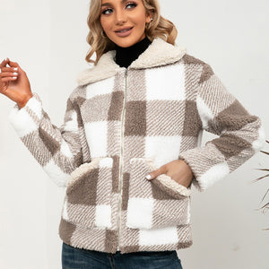 Open image in slideshow, Casual Check Plush Lapel Jacket Lamb Fleece Check Pocket  Top
