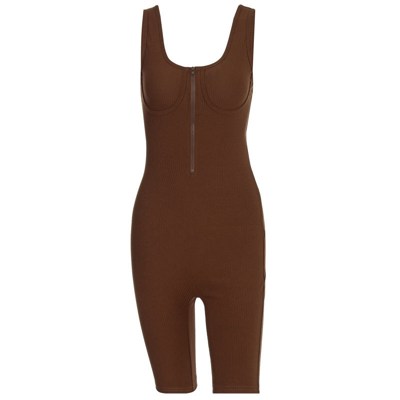 Simple solid color zipper sleeveless women's jumpsuit