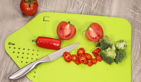 Plastic 2 in 1 Cutting Board and Drainer, Foldable Chopping Mat, with Hanging hole and Safety Lock, Bright Green
