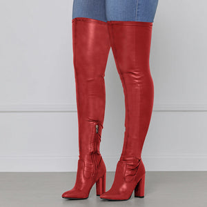 Pointed Side Zipper High Block Heel Over-the-knee Boots