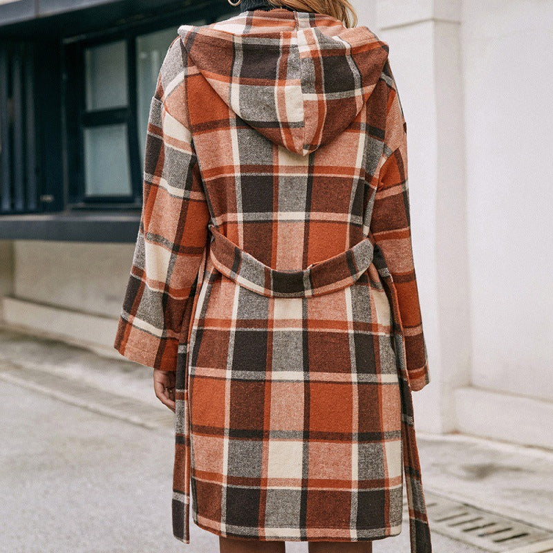 Loose Casual Checked Midi Belted Hooded Trench Coat