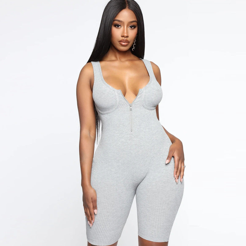 Simple solid color zipper sleeveless women's jumpsuit