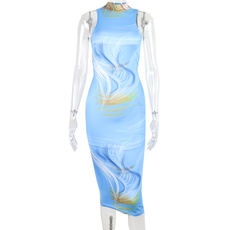 Printed Sleeveless Halter Mid-Length Dress