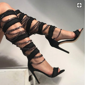 Open image in slideshow, Black chain high heel sandals
