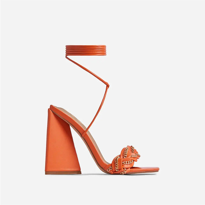 Roma Sandals With Square Toe Tied Behind Chunky Heel