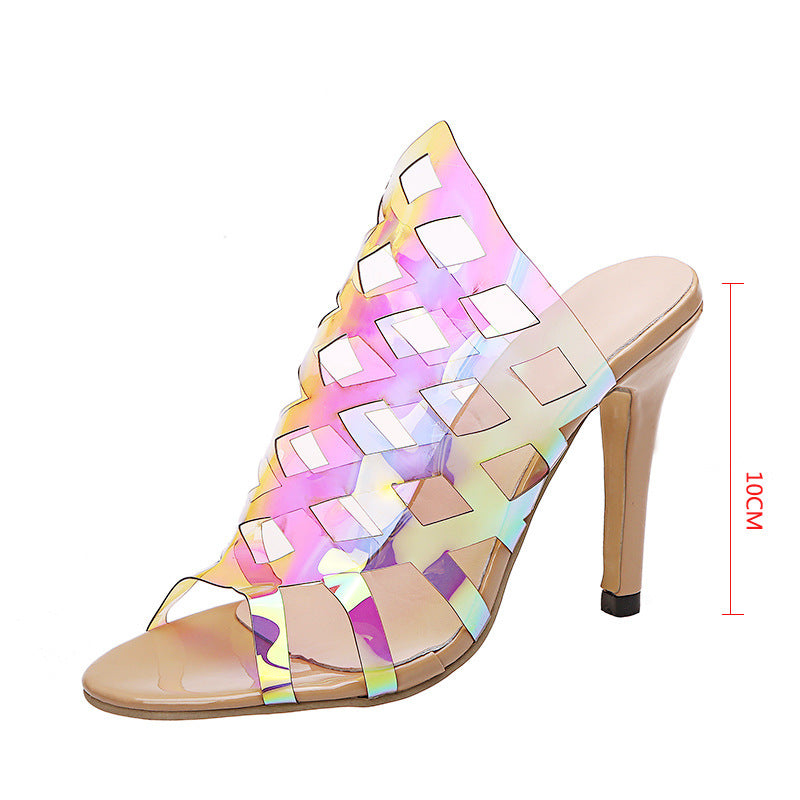 Transparent PVC Crystal Thick Heel Mid-heel Hollow Sandals Women