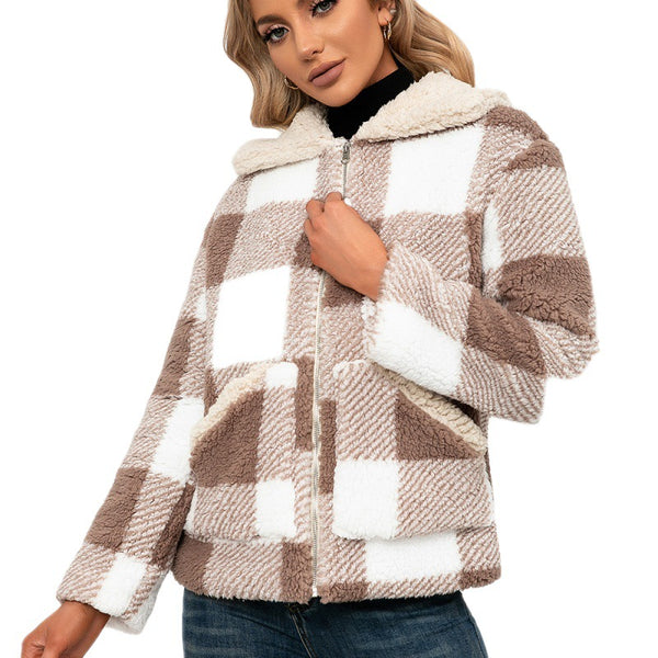 Casual Check Plush Lapel Jacket Lamb Fleece Check Pocket  Top