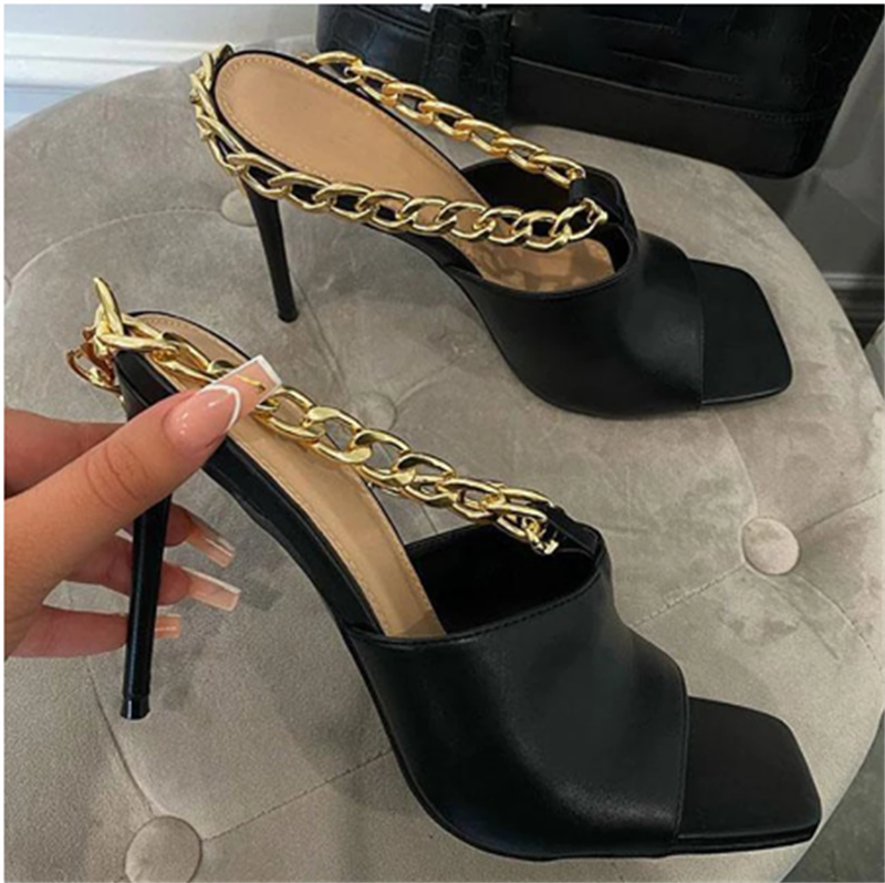 Metal Chain Square Toe High-heeled Stiletto Heel