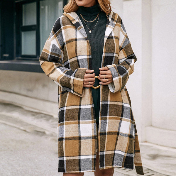 Loose Casual Checked Midi Belted Hooded Trench Coat