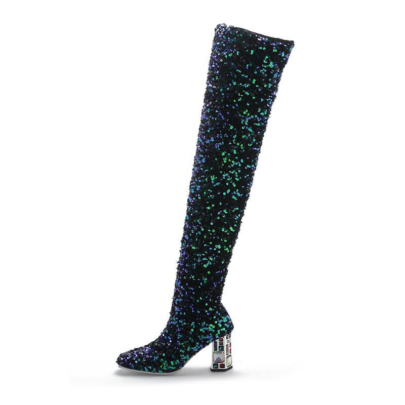 Fashion Sexy Sequin Round Head Hit Color Thick High Heel Over The Knee Large Size Elastic Boots Women