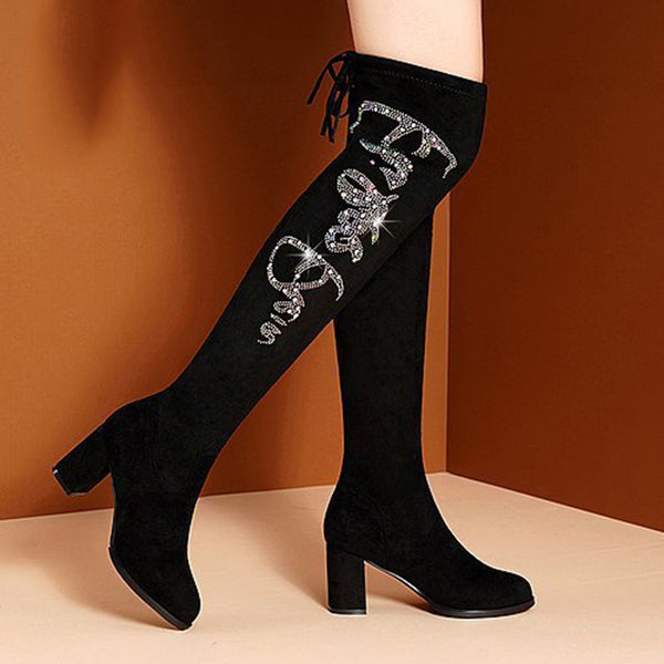 Autumn And Winter Round Toe Rhinestone High Heel Boots