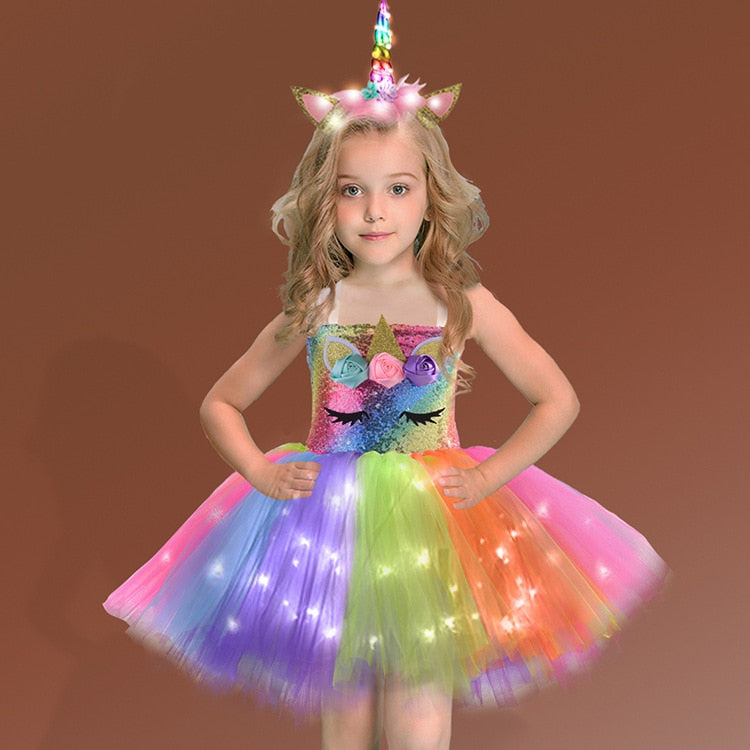 Girls Shiny Unicorn TUT Dress Glowing Kids Unicorn Dresses For Girls Hallowmas Party Princess Dress Children Clothing vestidos