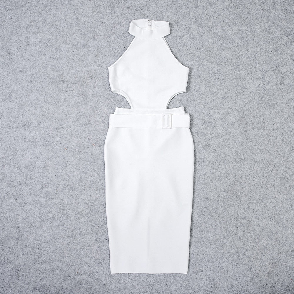 BEAUKEY New Summer Sexy Women White Belt HL Bandage Dress Hollow Out Bodycon Vestido Club Celebrity Evening Party Halter Dresses