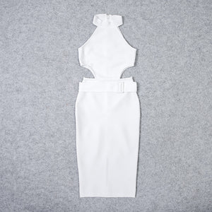 BEAUKEY New Summer Sexy Women White Belt HL Bandage Dress Hollow Out Bodycon Vestido Club Celebrity Evening Party Halter Dresses