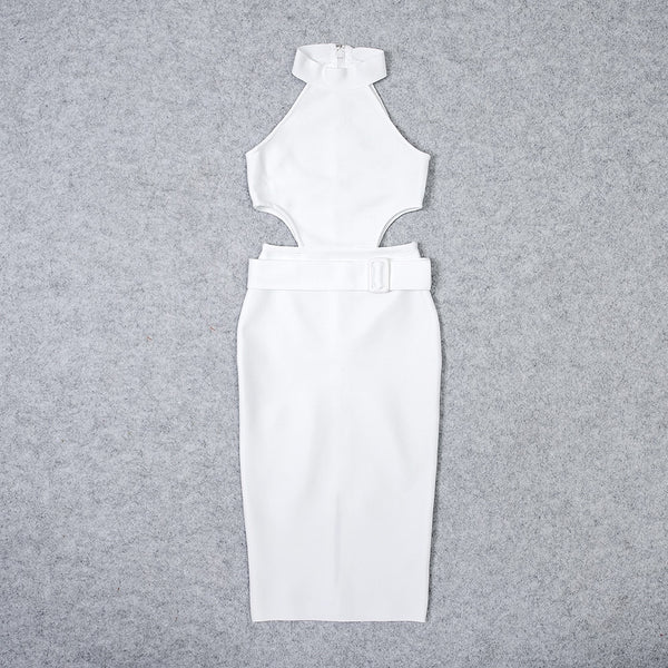 BEAUKEY New Summer Sexy Women White Belt HL Bandage Dress Hollow Out Bodycon Vestido Club Celebrity Evening Party Halter Dresses