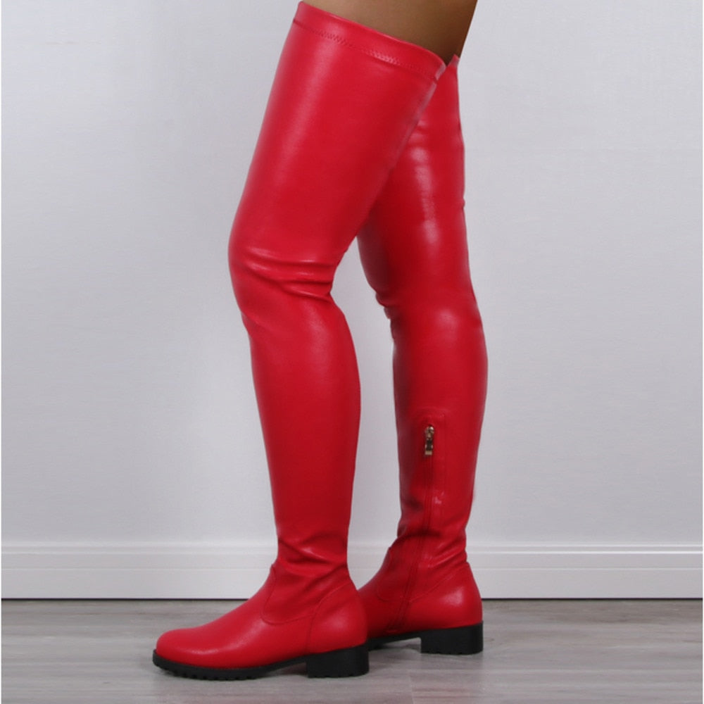 Thigh High Boots Women Winter Pu Leather Comfortable Low Heel Shoes Female Over The Knee Waterproof Boots Ladies Plus Size 43