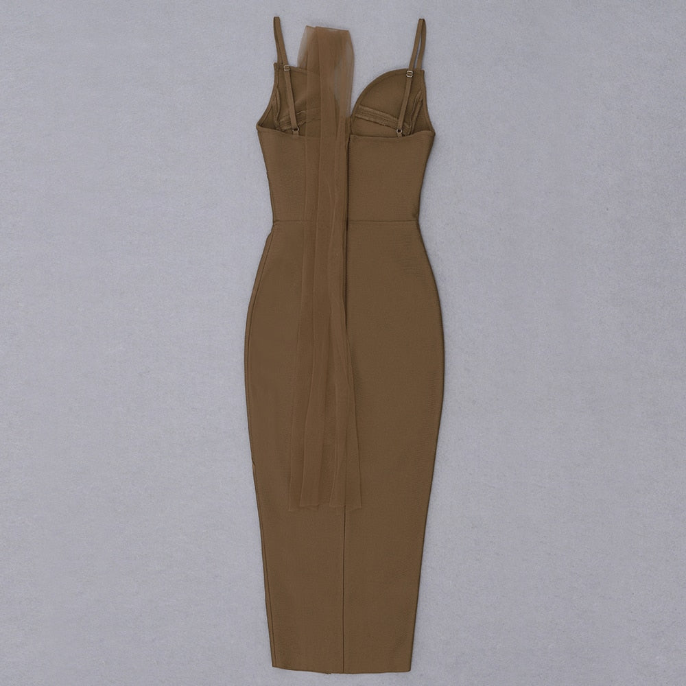 BEAUKEY 2021 Ladies Sexy Midi Length Dress Women Brown Mesh Strap Sleeveless Dress Bodycon Backless Party Vestidos