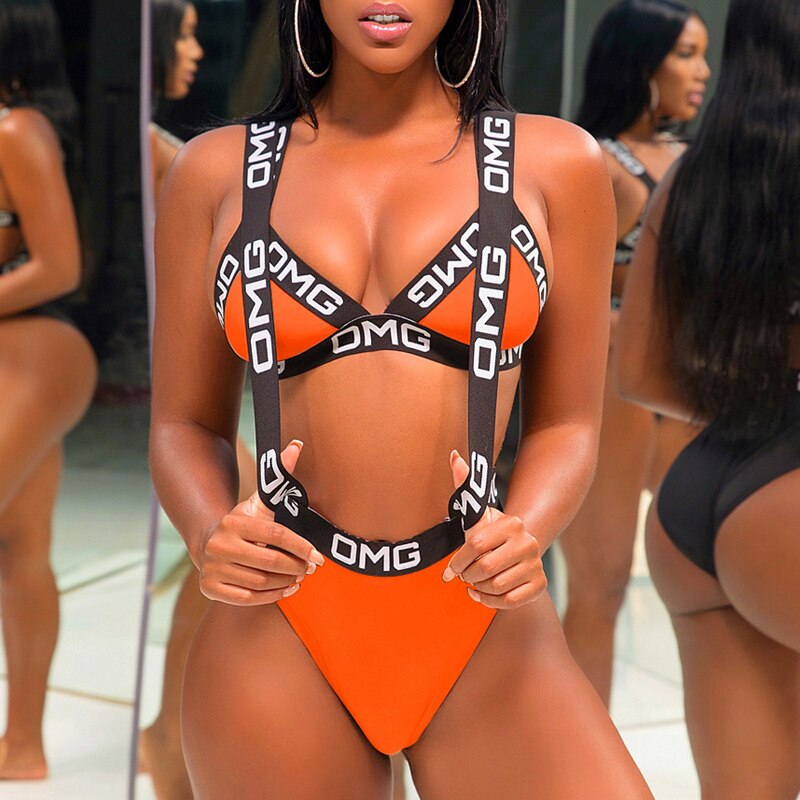 Sexy Letter Print Bikini Set 2020 Women Halter Push Up Swimwear Hollow Out Bandage Swimsuit Brazilian Biquini Swim Bathing Suit