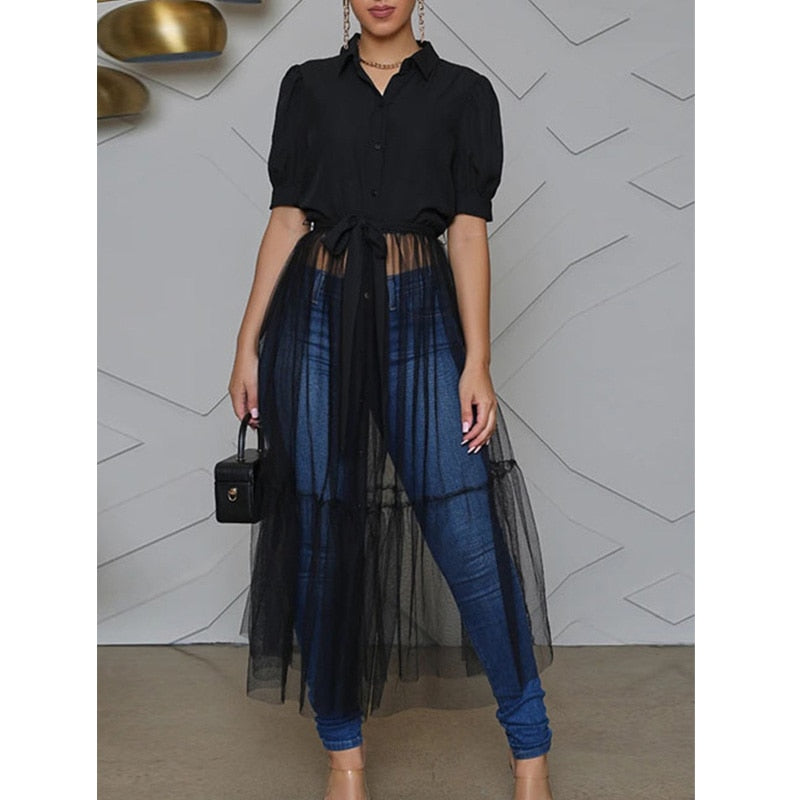 New Fashion Solid Mesh Combo Tunic Women Long Blouse Shirt button up tulle top Splicing dress shirt