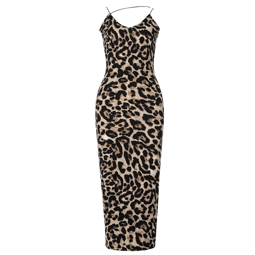 BEAUKEY 2021 Women Sexy Spaghetti Strap Mid-Calf Long Dress Black Leopard Sleeveless O-Neck Dresses Party Club Celebrity Wear
