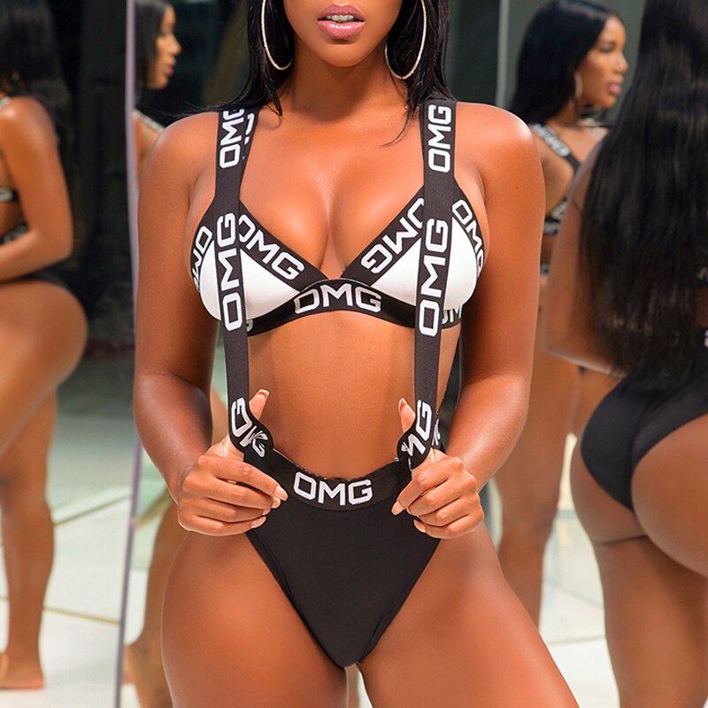 Sexy Letter Print Bikini Set 2020 Women Halter Push Up Swimwear Hollow Out Bandage Swimsuit Brazilian Biquini Swim Bathing Suit