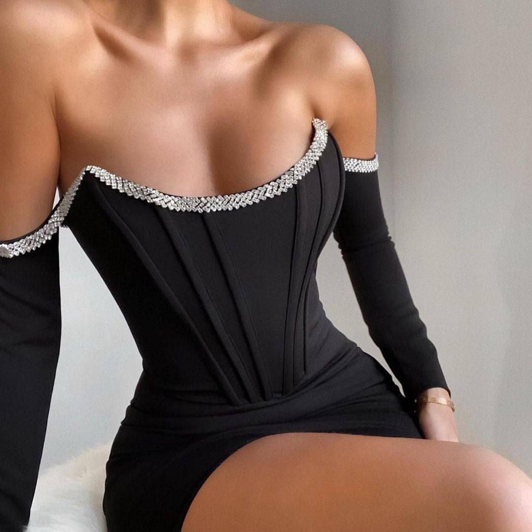 Bandage Dress Long Sleeve Black Bandage Dress 2021 New Arrival Women Mini Crystal Sexy Off Shoulder Bodycon Club Party Dress