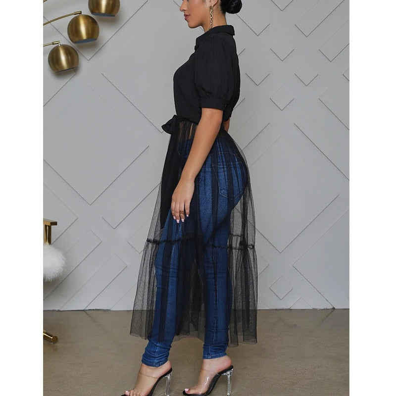 New Fashion Solid Mesh Combo Tunic Women Long Blouse Shirt button up tulle top Splicing dress shirt