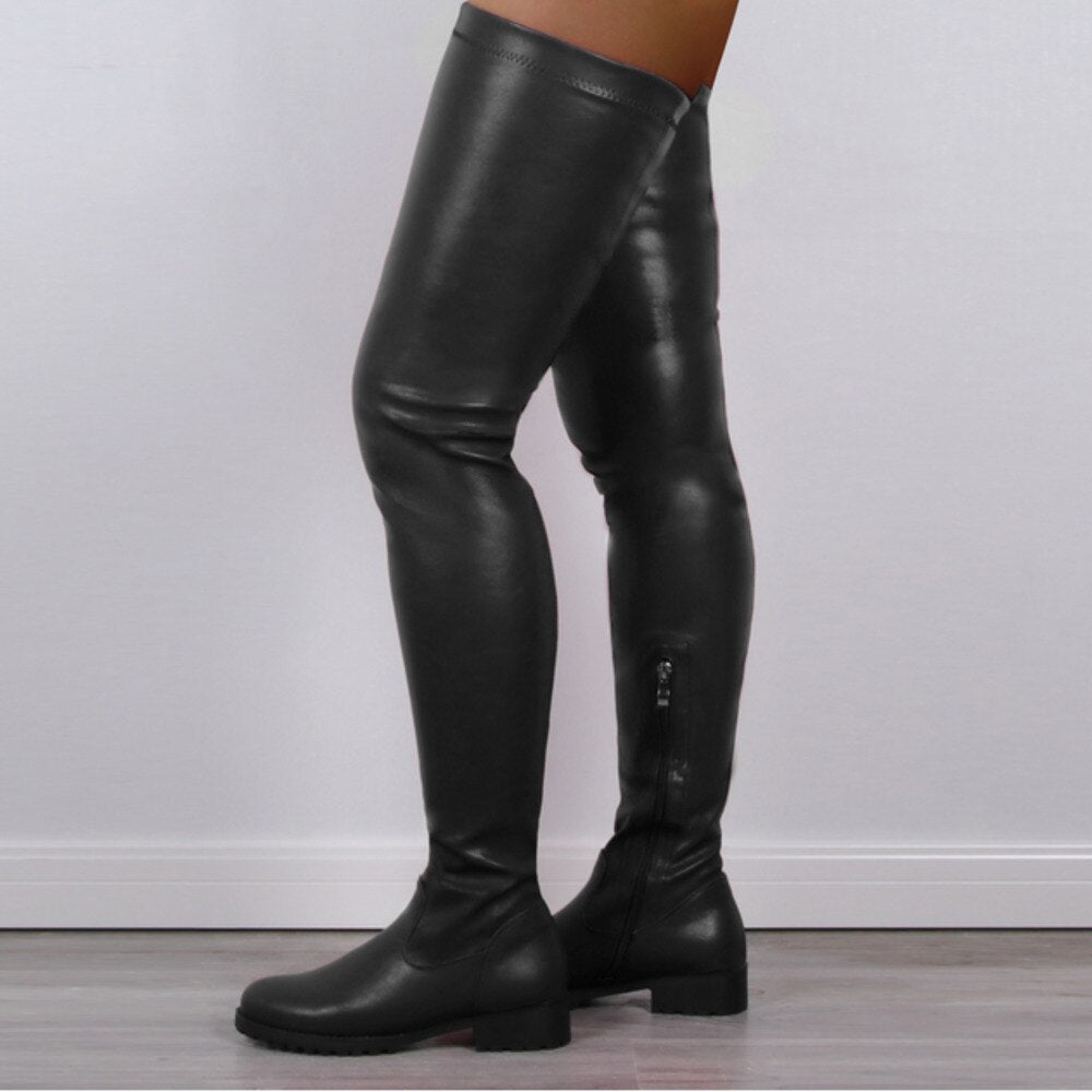 Thigh High Boots Women Winter Pu Leather Comfortable Low Heel Shoes Female Over The Knee Waterproof Boots Ladies Plus Size 43