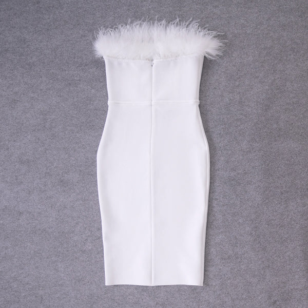 BEAUKEY 2020 New White Sexy Women HL Bandage Dresses Bodycon Slash Feathers Club Black Strapless Celebrity Vestido Knee Length