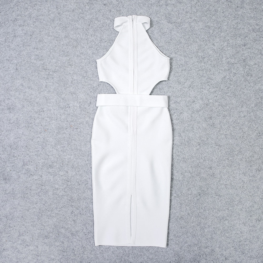 BEAUKEY New Summer Sexy Women White Belt HL Bandage Dress Hollow Out Bodycon Vestido Club Celebrity Evening Party Halter Dresses