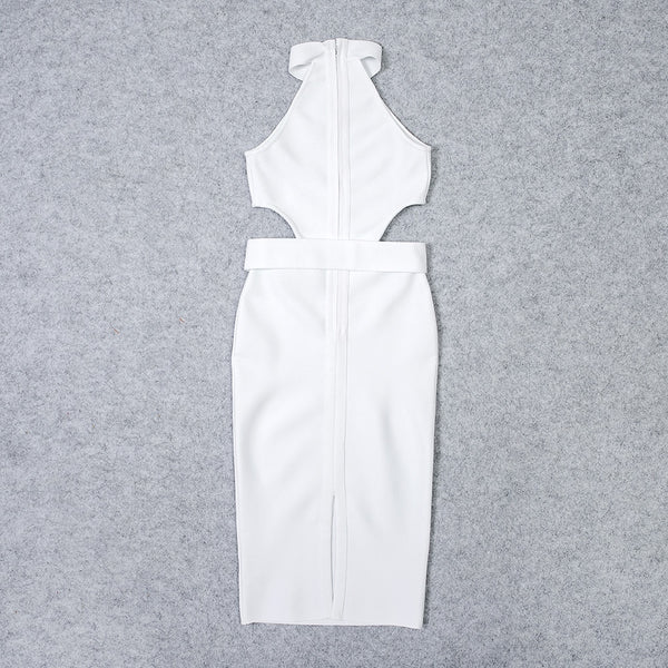 BEAUKEY New Summer Sexy Women White Belt HL Bandage Dress Hollow Out Bodycon Vestido Club Celebrity Evening Party Halter Dresses