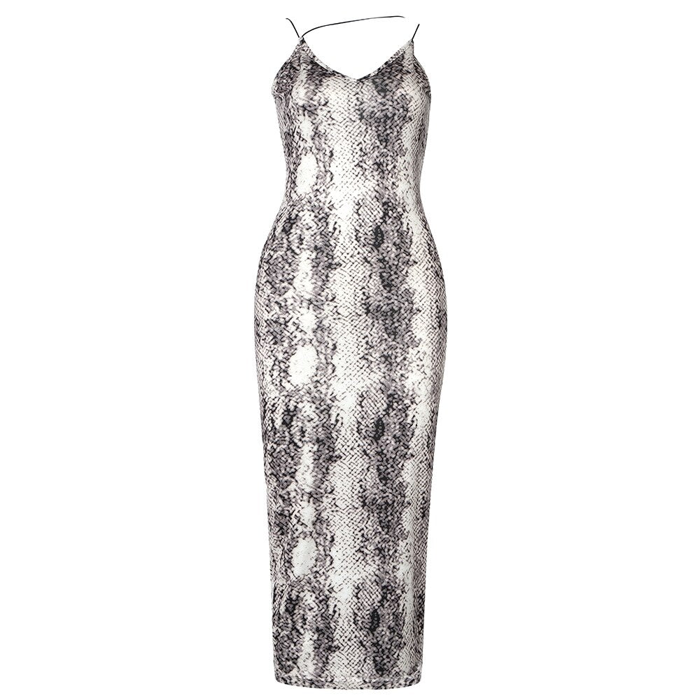 BEAUKEY 2021 Women Sexy Spaghetti Strap Mid-Calf Long Dress Black Leopard Sleeveless O-Neck Dresses Party Club Celebrity Wear