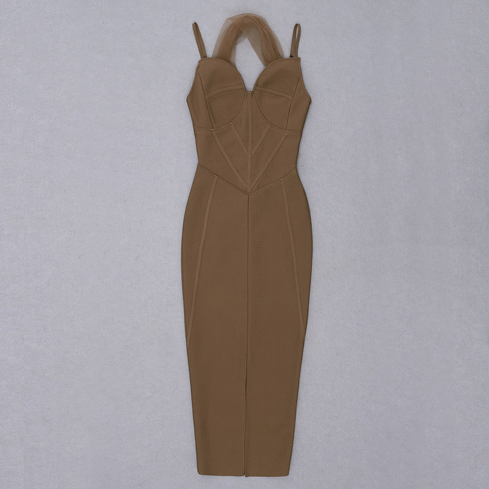 BEAUKEY 2021 Ladies Sexy Midi Length Dress Women Brown Mesh Strap Sleeveless Dress Bodycon Backless Party Vestidos