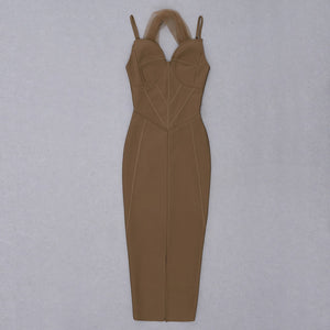 BEAUKEY 2021 Ladies Sexy Midi Length Dress Women Brown Mesh Strap Sleeveless Dress Bodycon Backless Party Vestidos