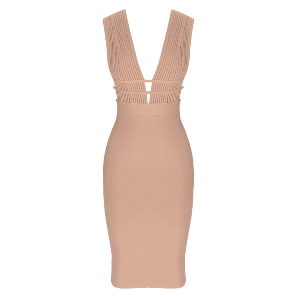 Sexy Pink Dresses Bodycon Sexy Keyhole Deep V Neck Sleeveless Dress Knee Length Hollow out Khaki Party Dresses Black