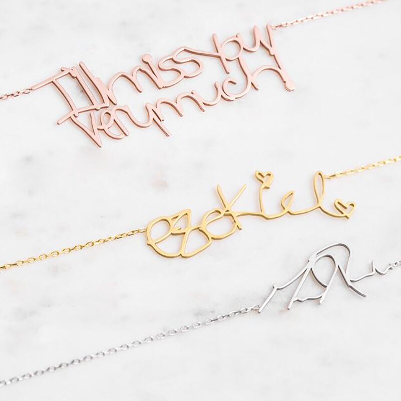 Mini-World Personalized Custom Handwritten Name Necklace Art Signature Nameplate Necklace Unique Memorial Jewelry For Men Women
