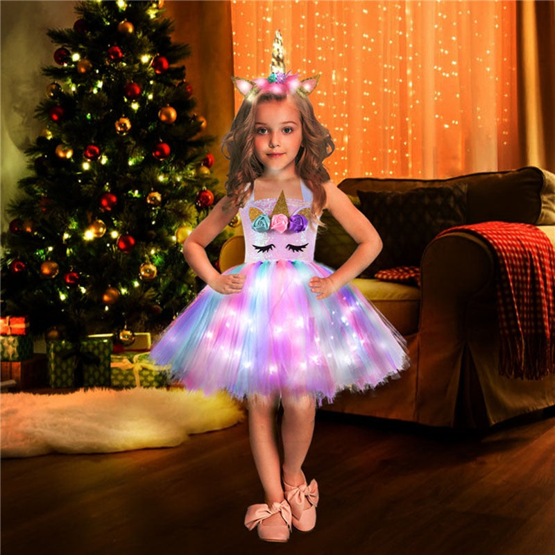 Girls Shiny Unicorn TUT Dress Glowing Kids Unicorn Dresses For Girls Hallowmas Party Princess Dress Children Clothing vestidos