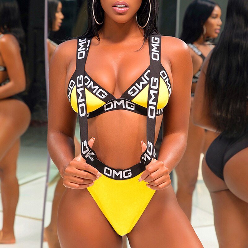 Sexy Letter Print Bikini Set 2020 Women Halter Push Up Swimwear Hollow Out Bandage Swimsuit Brazilian Biquini Swim Bathing Suit