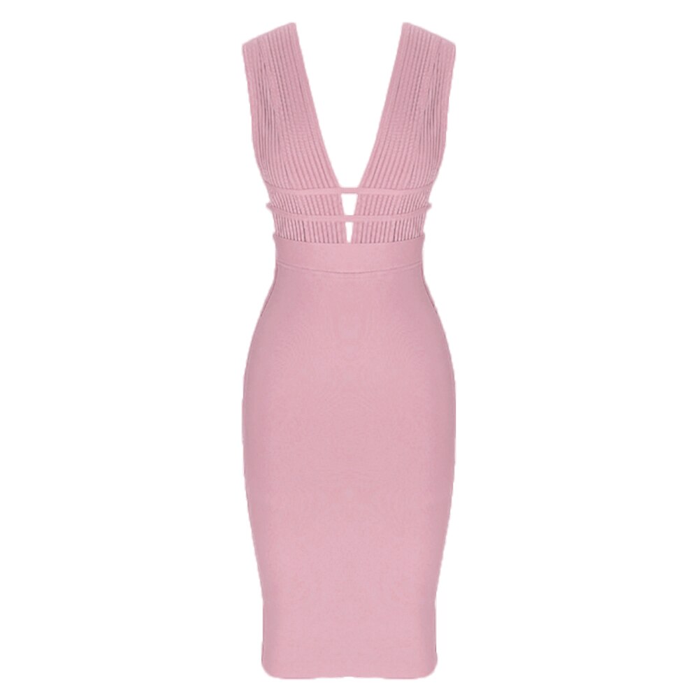 Sexy Pink Dresses Bodycon Sexy Keyhole Deep V Neck Sleeveless Dress Knee Length Hollow out Khaki Party Dresses Black