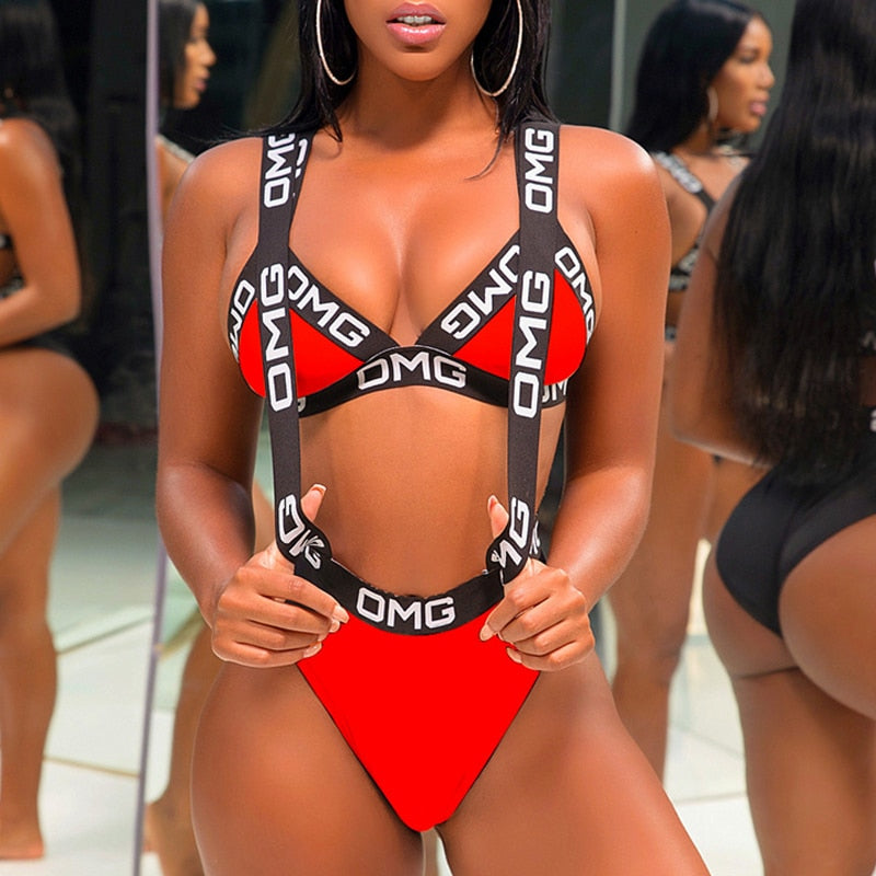 Sexy Letter Print Bikini Set 2020 Women Halter Push Up Swimwear Hollow Out Bandage Swimsuit Brazilian Biquini Swim Bathing Suit
