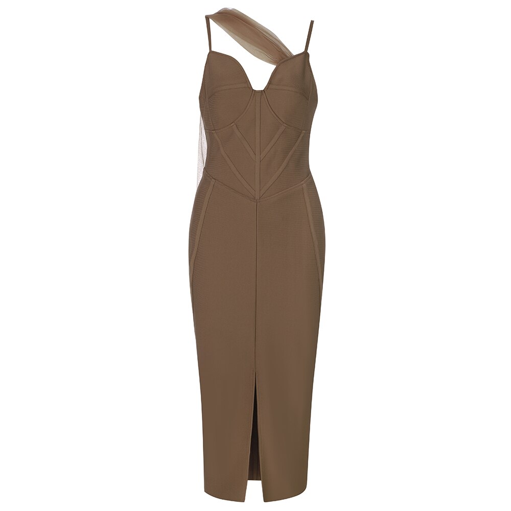 BEAUKEY 2021 Ladies Sexy Midi Length Dress Women Brown Mesh Strap Sleeveless Dress Bodycon Backless Party Vestidos