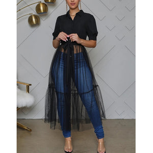 Open image in slideshow, New Fashion Solid Mesh Combo Tunic Women Long Blouse Shirt button up tulle top Splicing dress shirt
