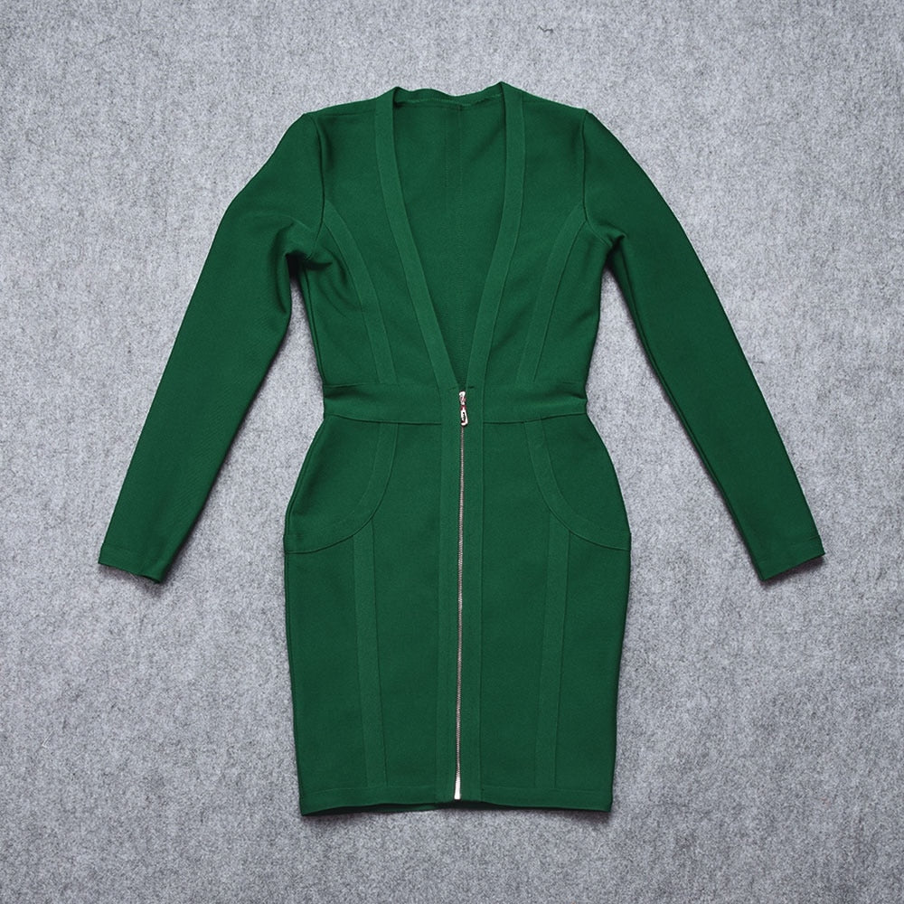 BEAUKEY Long Sleeve Front Zipper Deep V Neck HL Bandage Dress Mini Short Sexy Party Dress Red Dark Green Black Clubwear Maxi XL