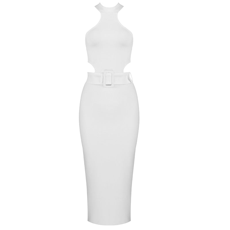 BEAUKEY New Summer Sexy Women White Belt HL Bandage Dress Hollow Out Bodycon Vestido Club Celebrity Evening Party Halter Dresses