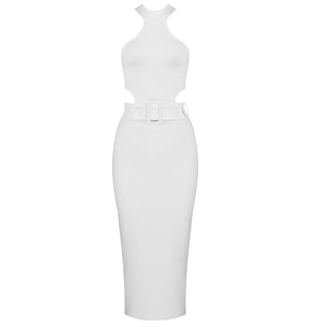 Open image in slideshow, BEAUKEY New Summer Sexy Women White Belt HL Bandage Dress Hollow Out Bodycon Vestido Club Celebrity Evening Party Halter Dresses
