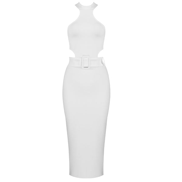 BEAUKEY New Summer Sexy Women White Belt HL Bandage Dress Hollow Out Bodycon Vestido Club Celebrity Evening Party Halter Dresses