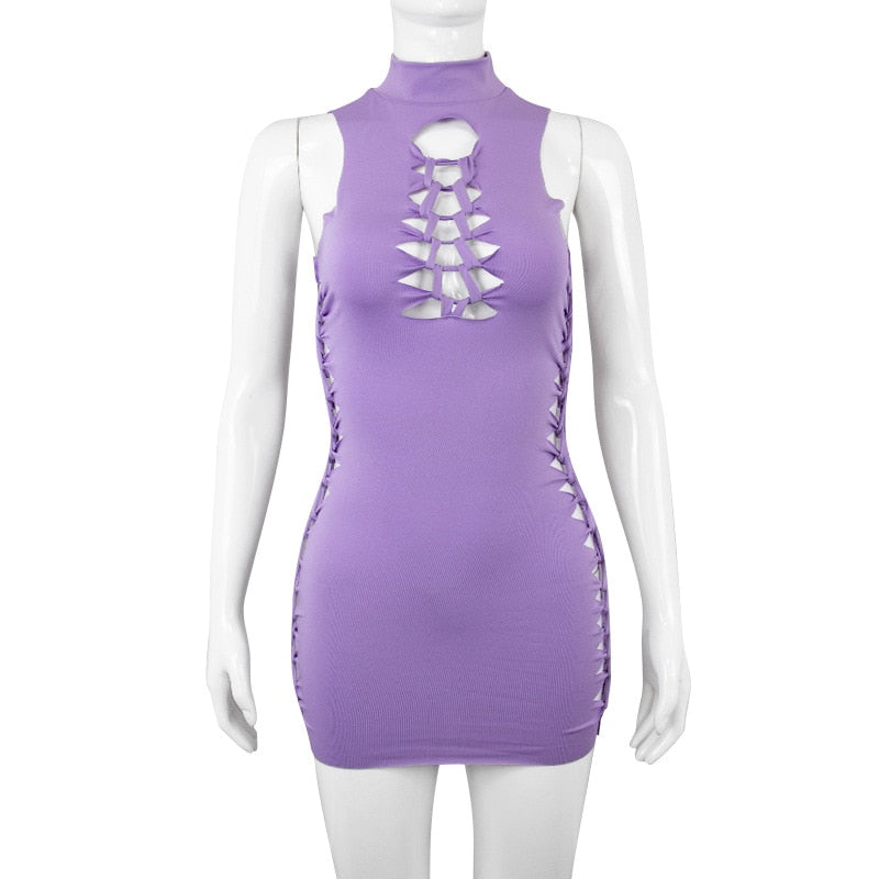 Sexy Sleeveless Cut Out Bodycon Mini Dress Women Turtleneck Bandage Grunge Clothes 2022 Summer Night Club Party Vestidos