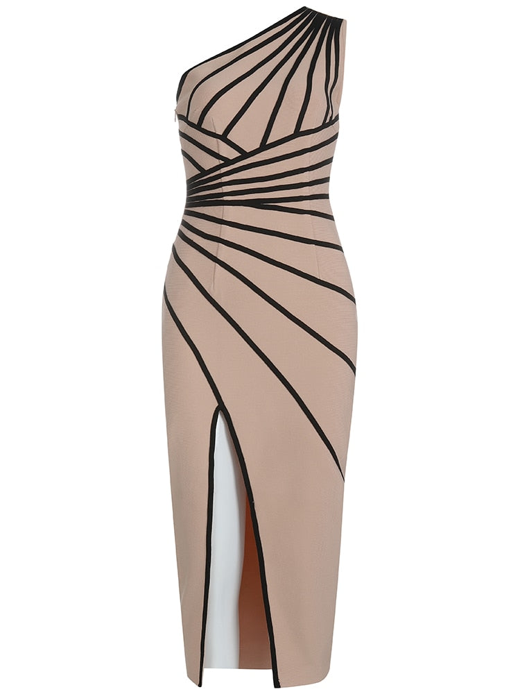 Striped One Shoulder Bandage Dress for New Year 2022 Women Yellow Bandage Dress Bodycon Sexy Party Dresses Evening Club Outfits